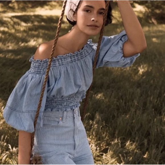 Anthropologie Tops - Anthropologie Porridge Ruby Off-Shoulder Pullover Bubble Sleeve Smocked Top S